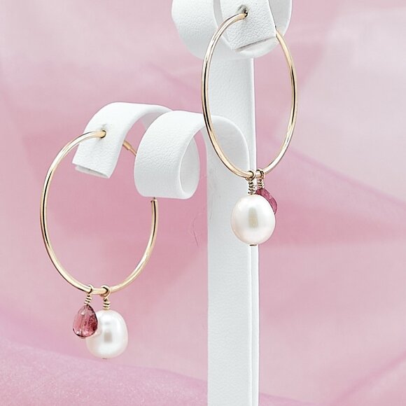 Pearl & Pink Tourmaline Hoop Earrings, 14K Gold Filled Thin Endless Hoops - Picture 1 of 11